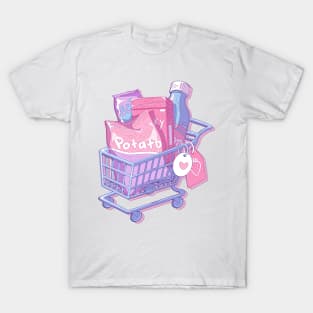 The cute shopping cart and some snacks (pastel yellow background) T-Shirt